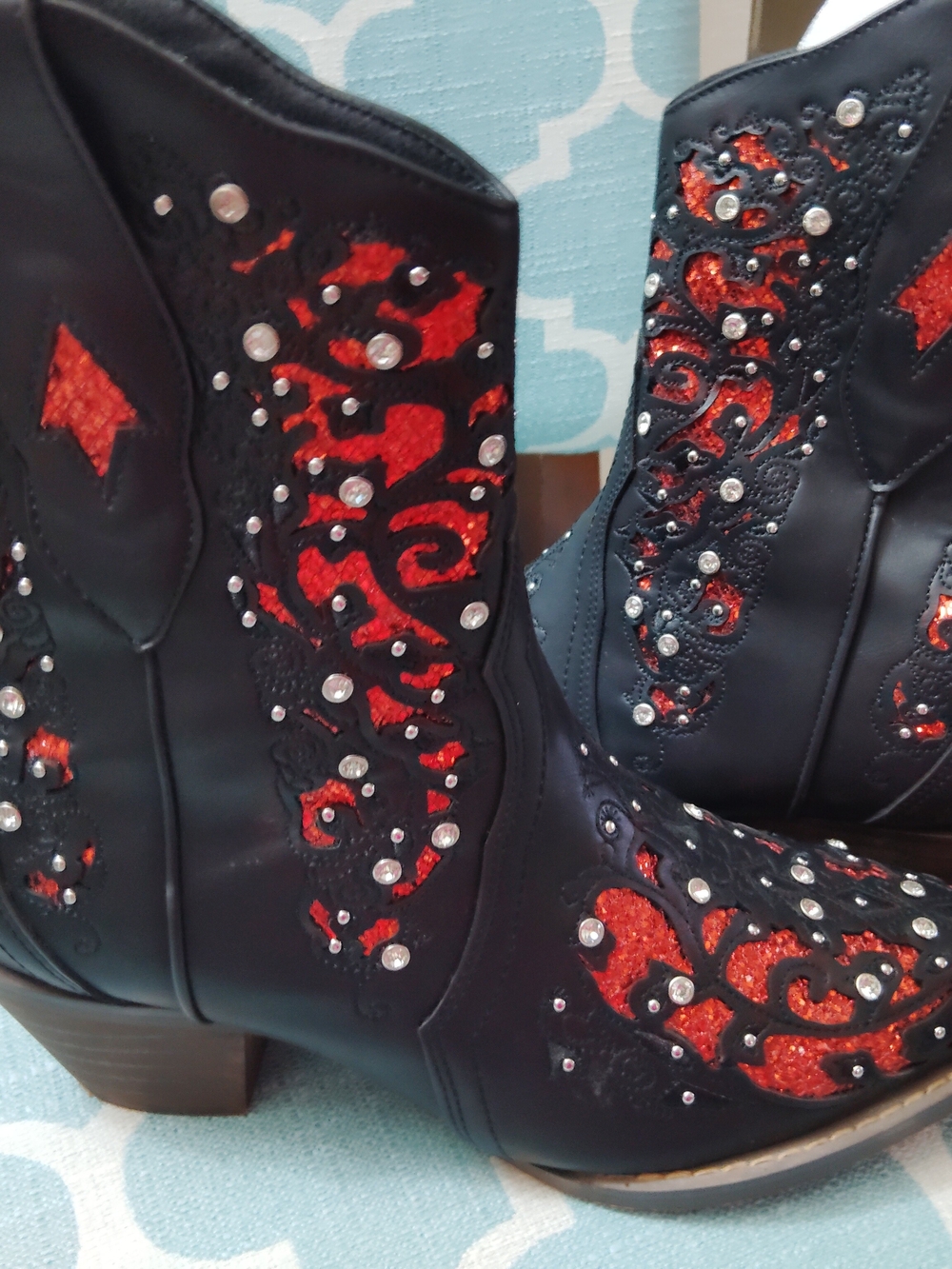Women's Black Ankle Booties with Red Metallic Embellishment - Picture 2 of 4